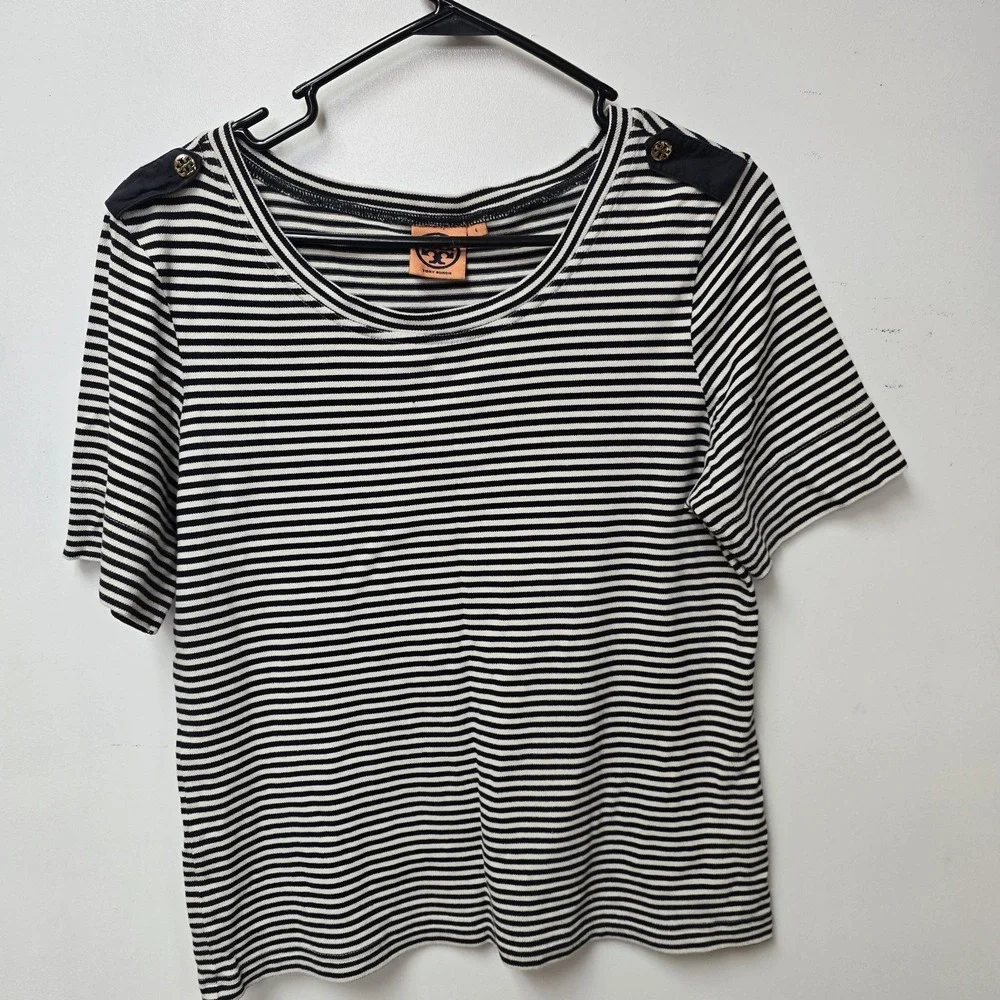 Tory Burch Top Womens Medium M Navy Blue White Striped Gold Logo Button Shoulder
